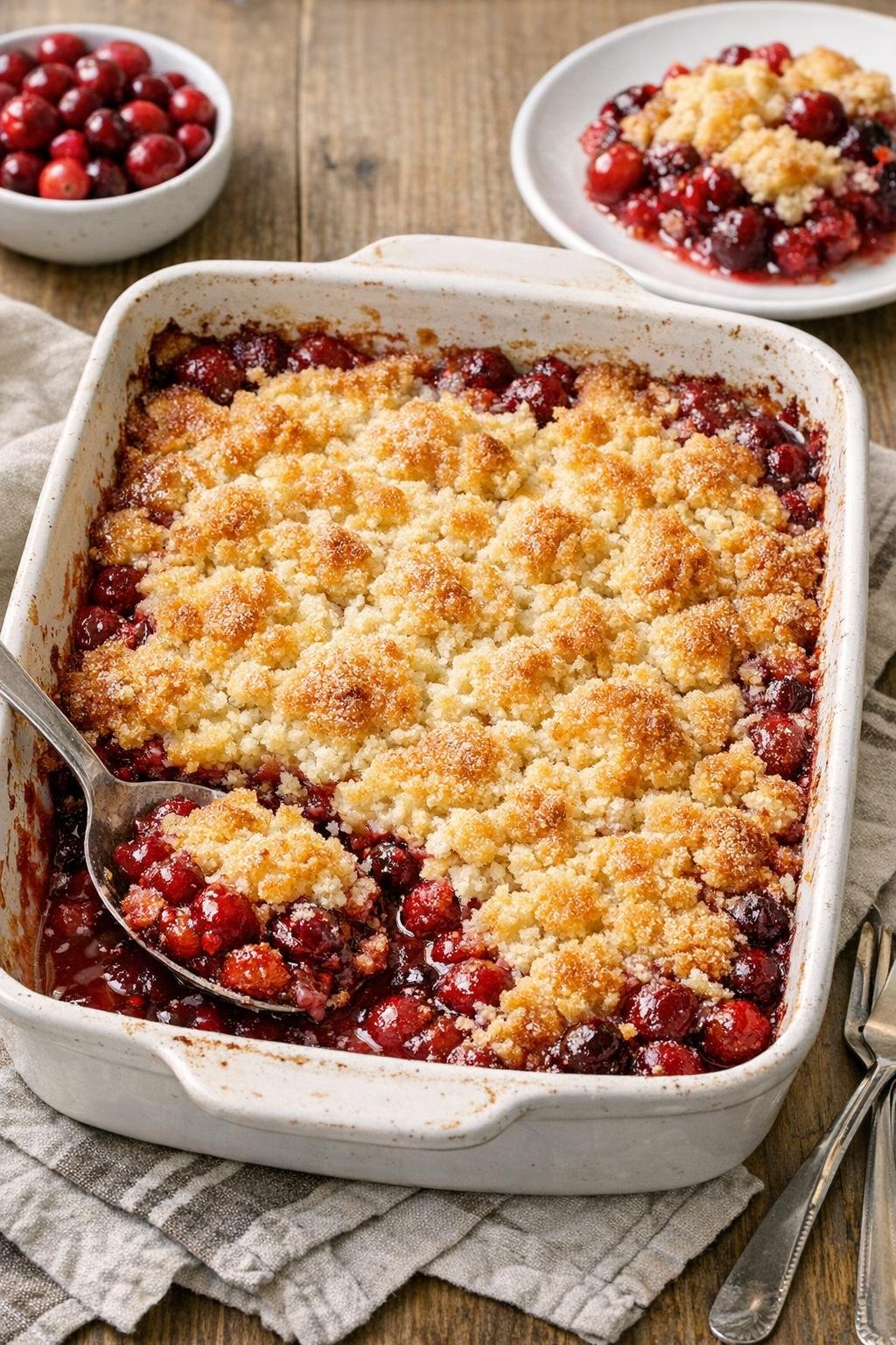 Finished baked cranberry dessert in a rustic baking dish