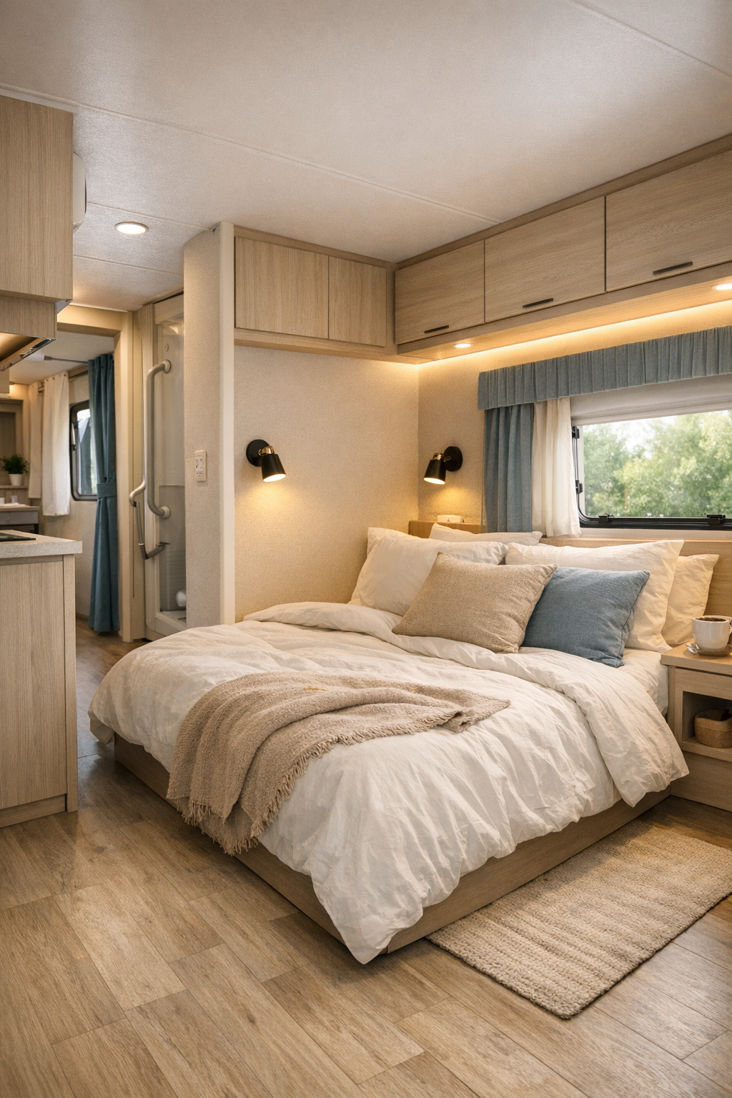 RV camper bedroom with low bed platform and soft beige textiles