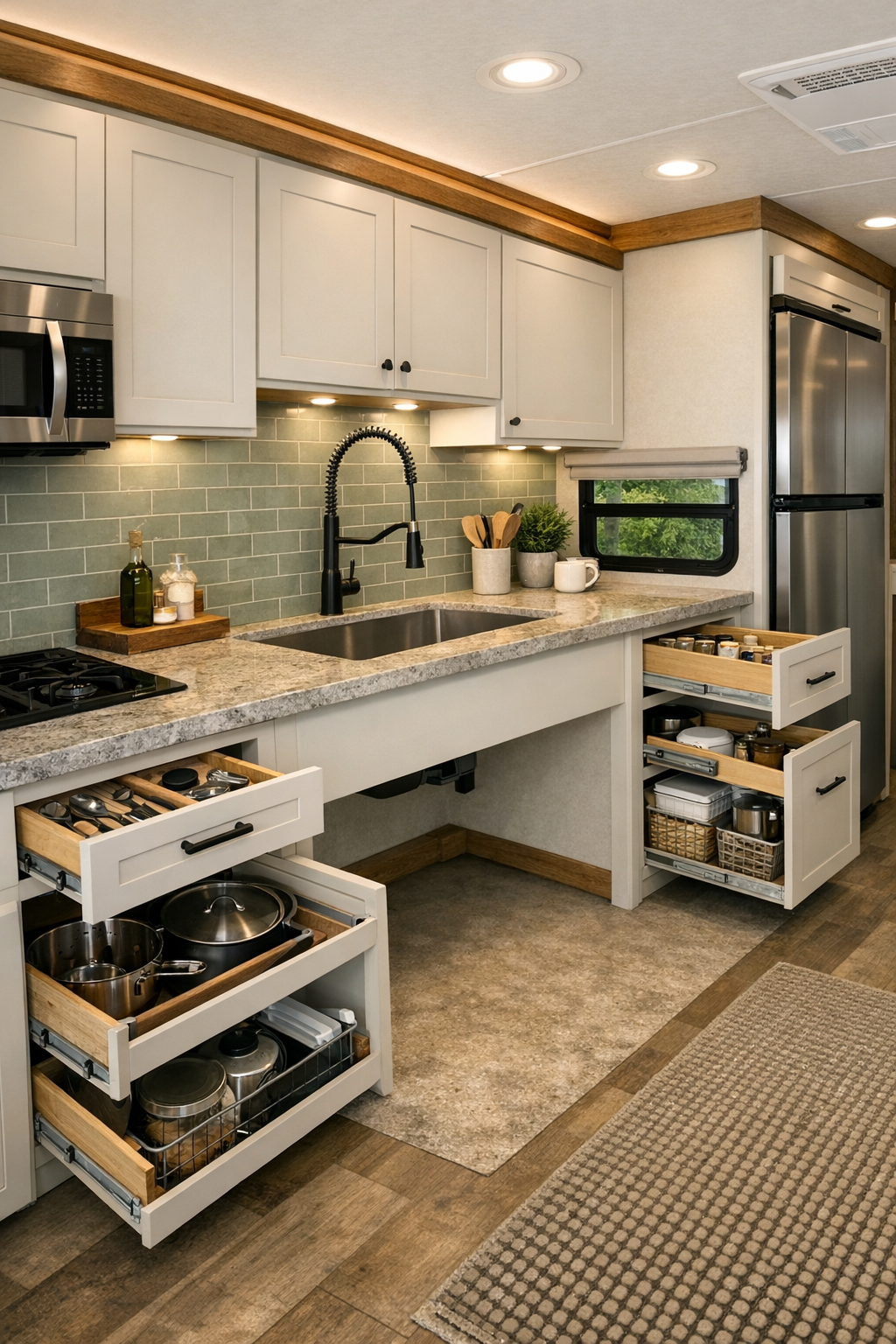 Accessible RV kitchen with pale cabinetry, green tile backsplash, and wood accents