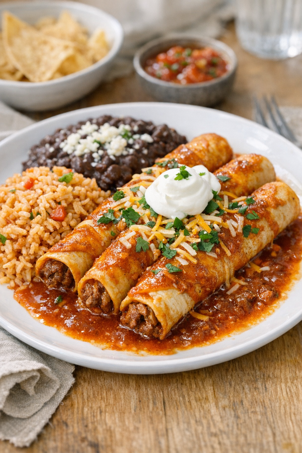 Finished slow cooker beef flautas plated with toppings