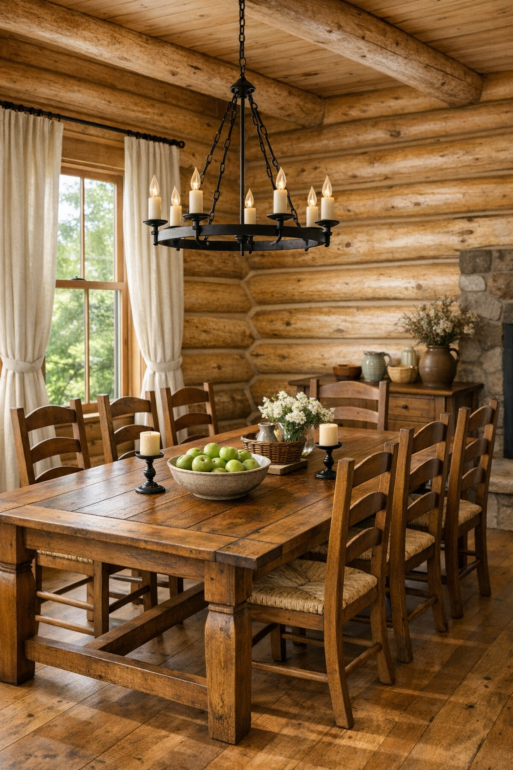 Crafted wood dining room with a farmhouse table and soft natural light