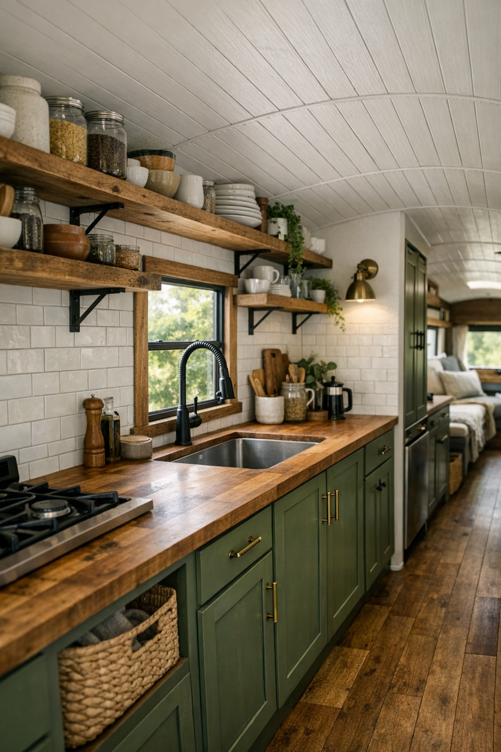 Galley kitchen in a rustic converted bus with butcher block counters and open shelving