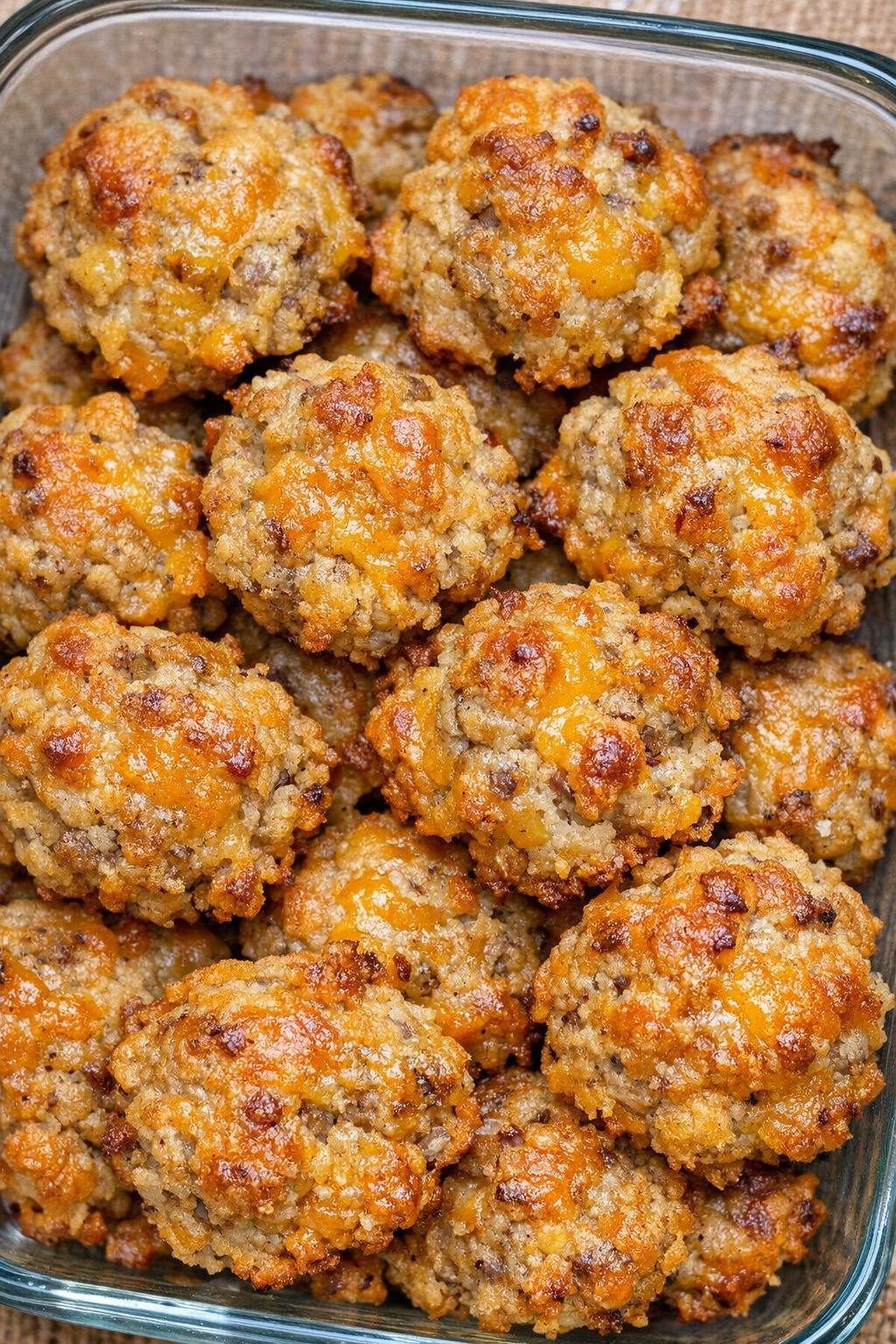 Southern 3-ingredient cheesy sausage drops in a glass casserole dish