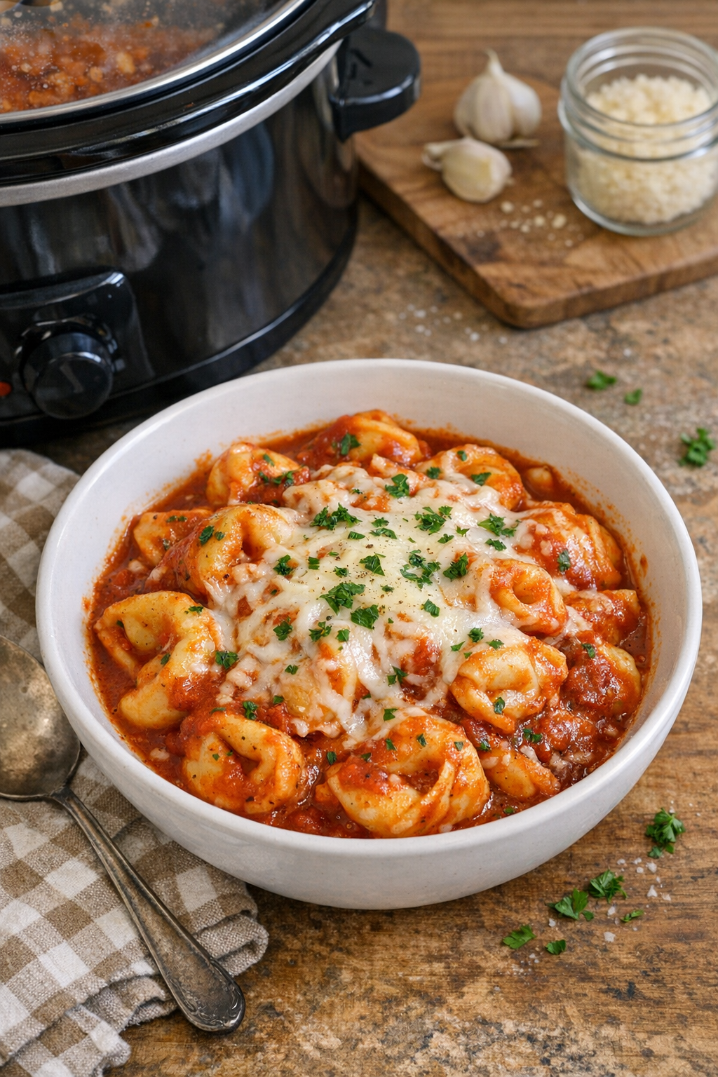 Finished slow cooker cheese tortelloni in red sauce