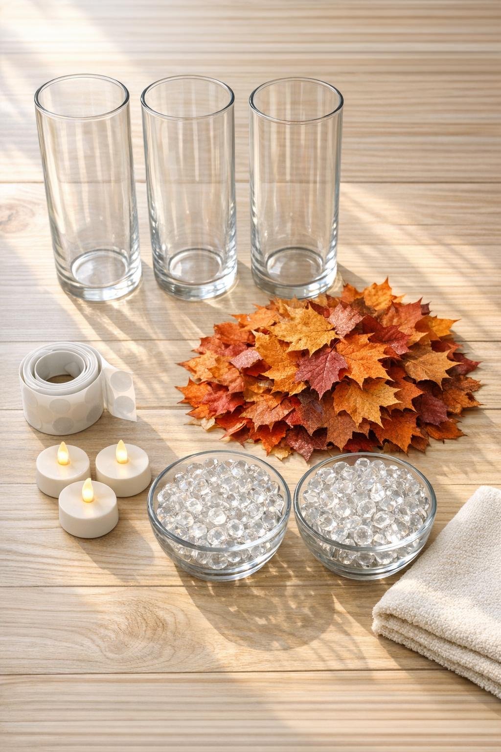 Materials for autumn leaf jar candle display laid out on a table