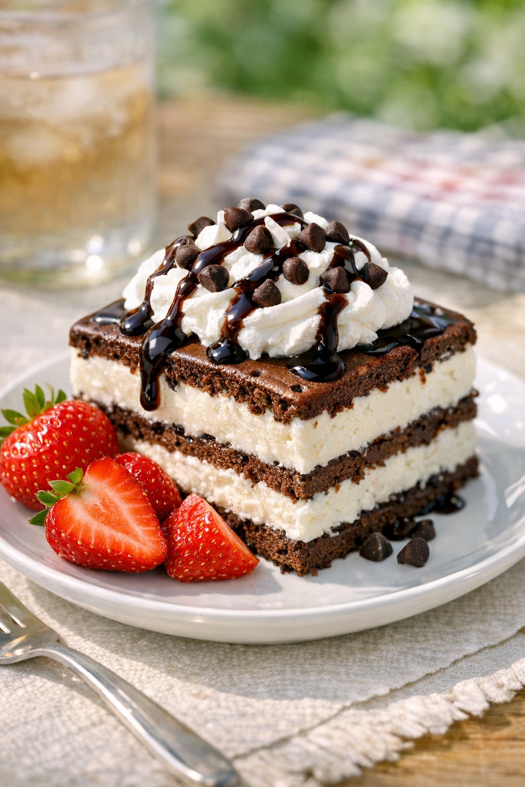 Plated slice of ice cream sandwich cake with summer sides