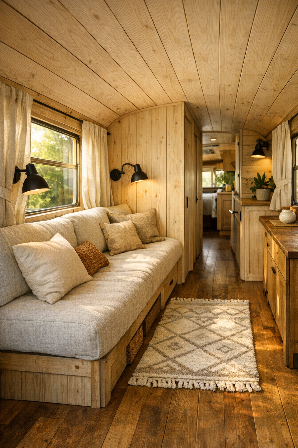 Warm built-in living area inside a converted bus with pale wood walls and soft linen textures