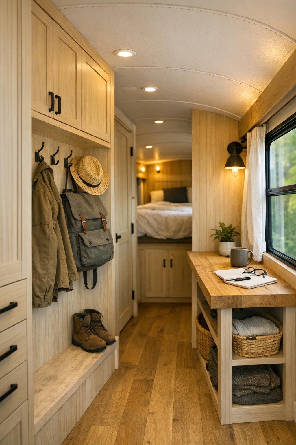 Thoughtfully designed bus hallway and storage area with built-ins, hooks, and a small window ledge