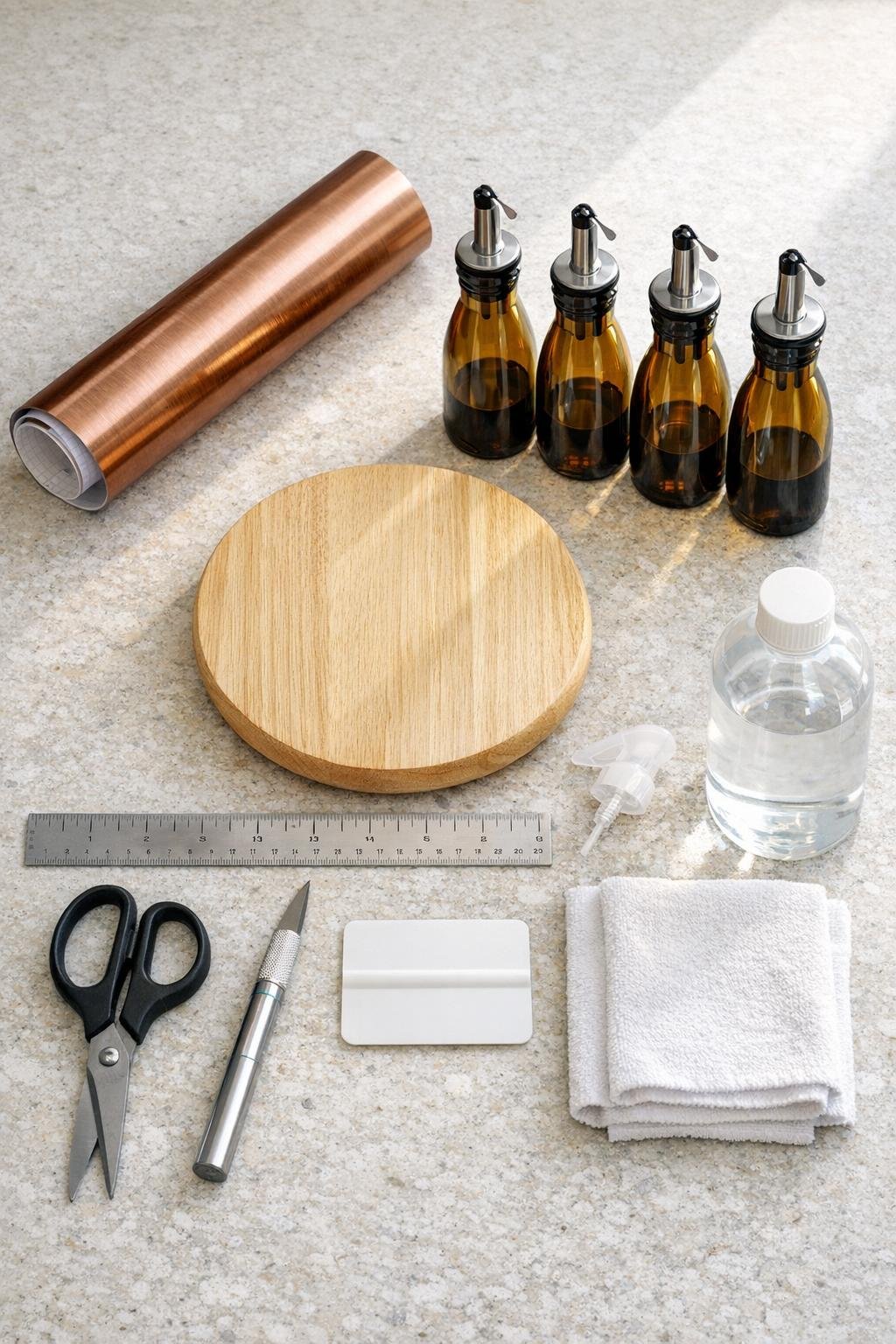 Materials for a copper-wrapped lazy susan oil bottle display