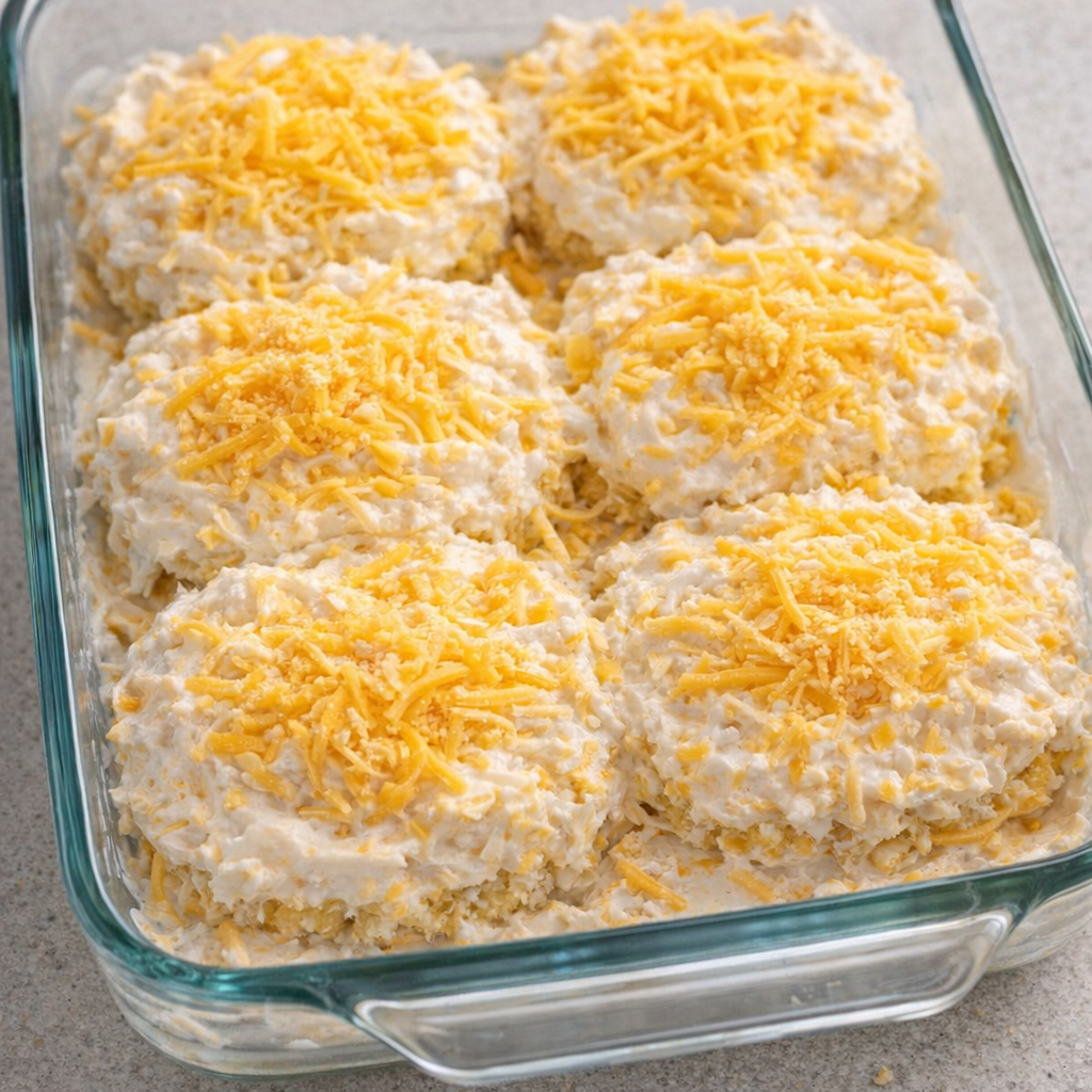 Cheesy sour cream topping spread over hash brown patties before baking