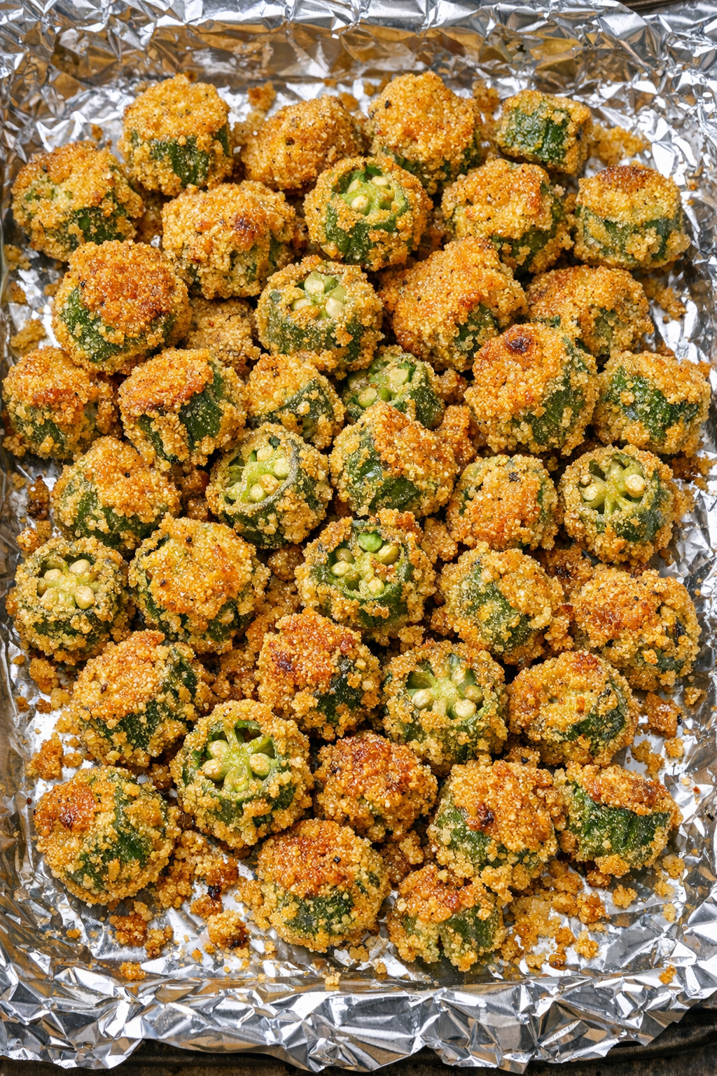 Southern 3-ingredient fried okra on a foil-lined baking tray