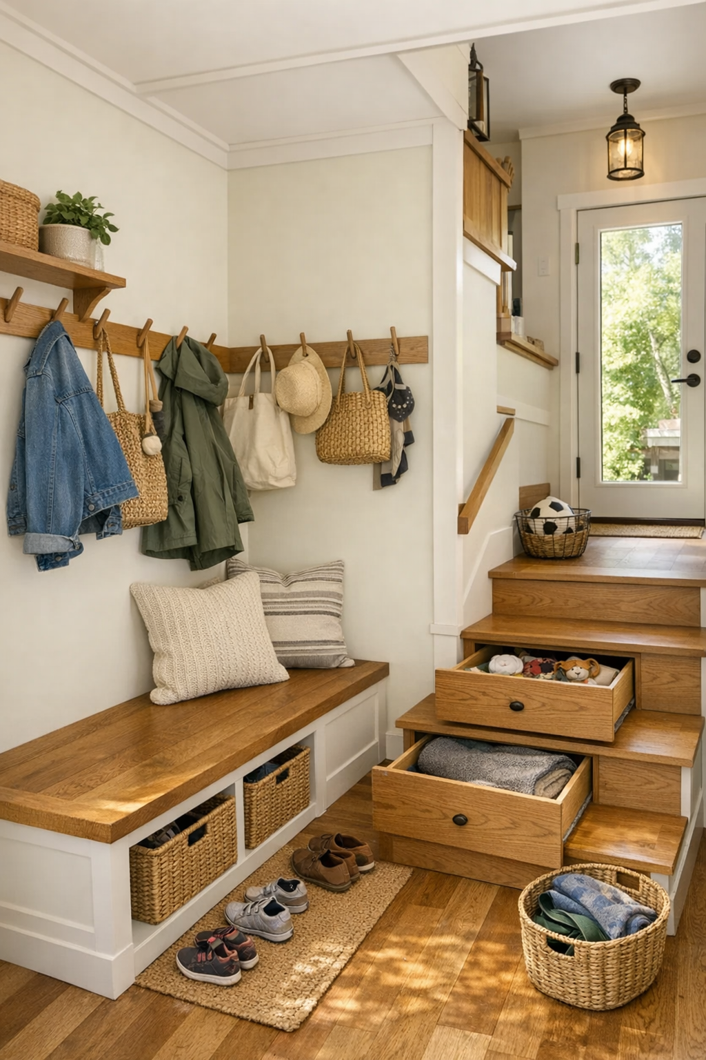 Tiny home entry and loft stair area with built-in bench, storage drawers, pegs, and warm wood finishes