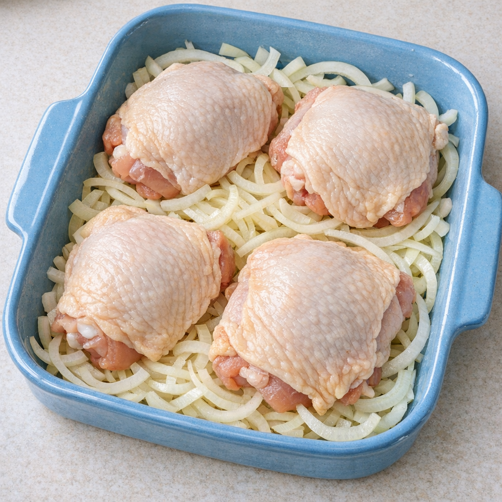 Chicken thighs arranged over sliced onions in a baking dish