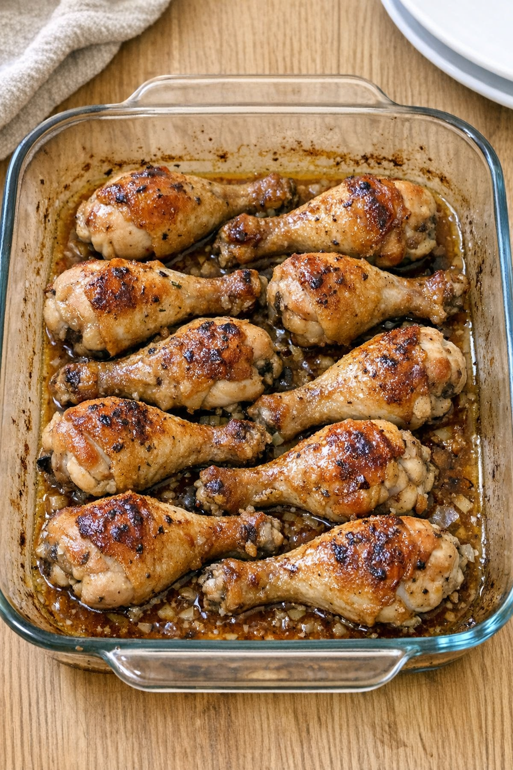 Finished baked chicken drumsticks in a glass casserole dish