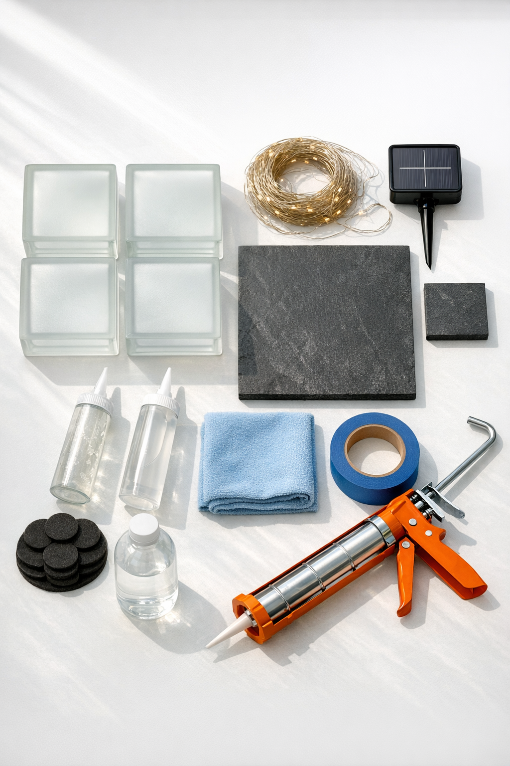 Materials for a glass block glowing side table laid out neatly