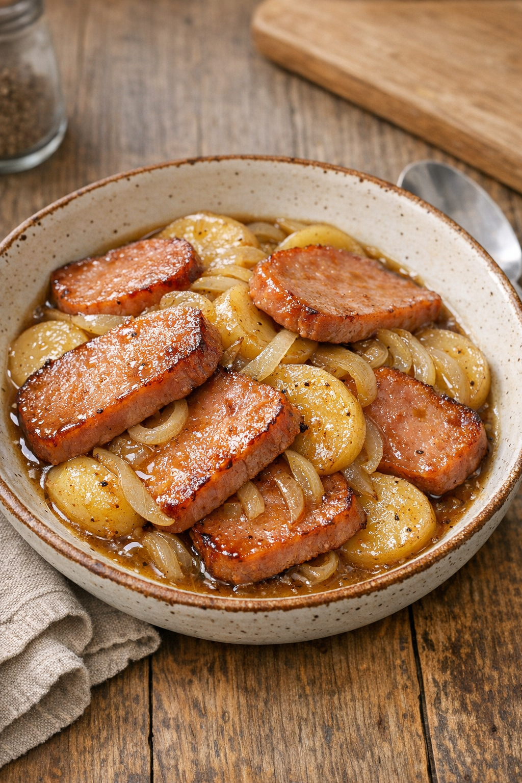 Finished slow cooker pork luncheon meat dinner plated in a rustic bowl
