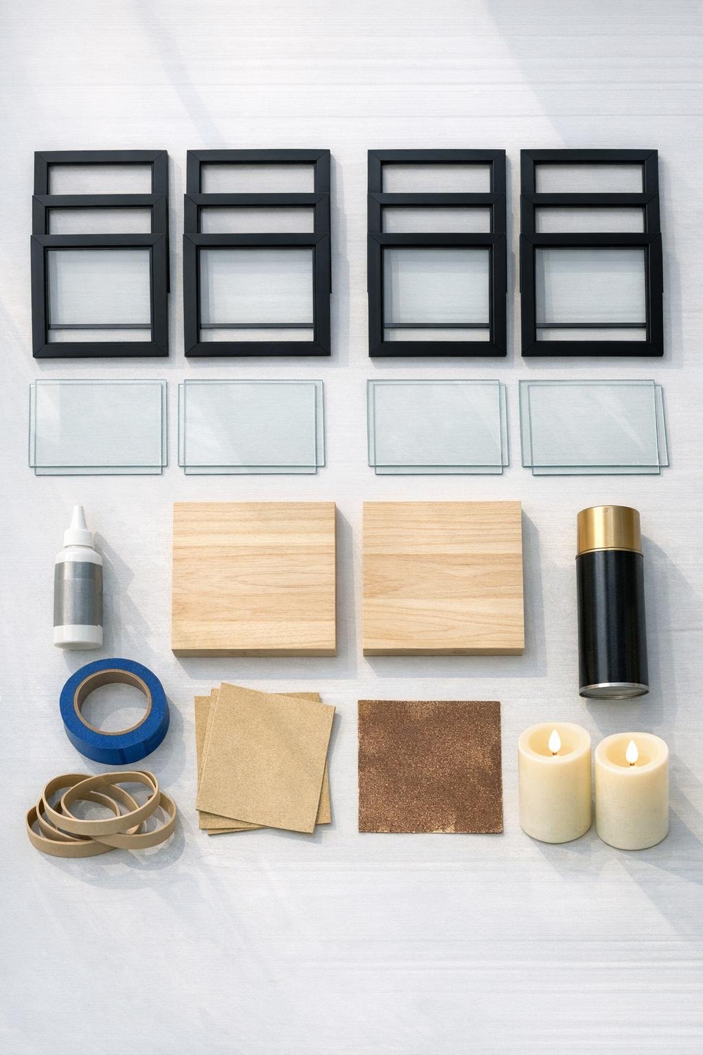 Dollar store picture frames, glass panes, wood bases, glue, tape, paint, and LED candles laid out for lantern making