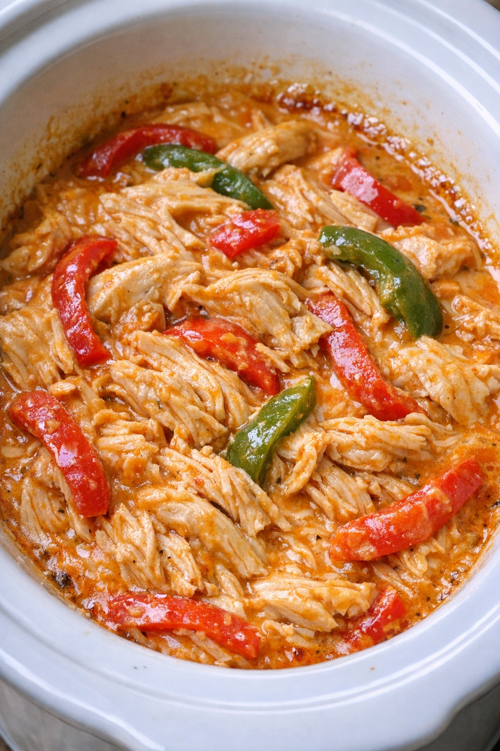 Slow cooker creamy fajita chicken in a white slow cooker