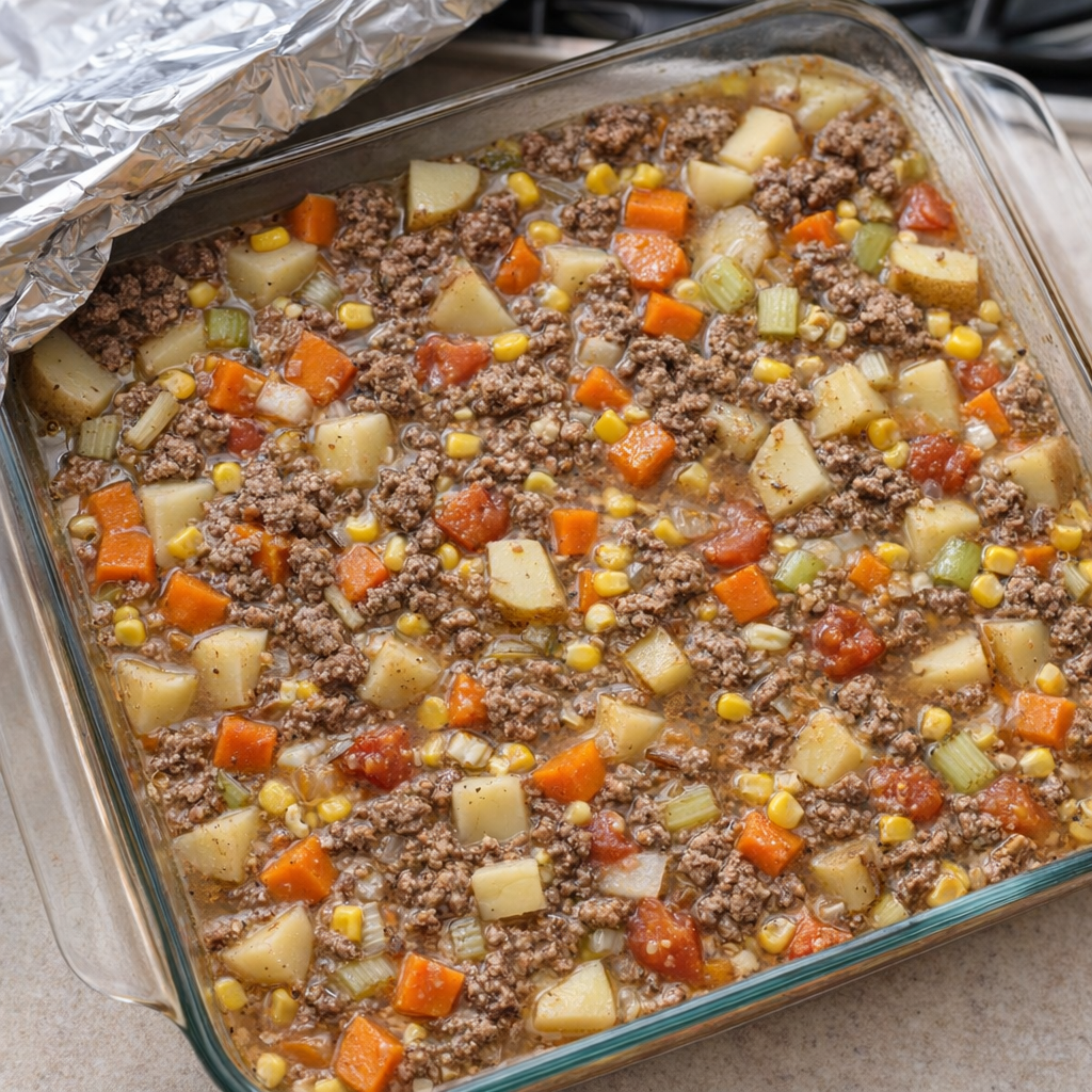 Unbaked casserole mixture spread in a baking dish before going into the oven