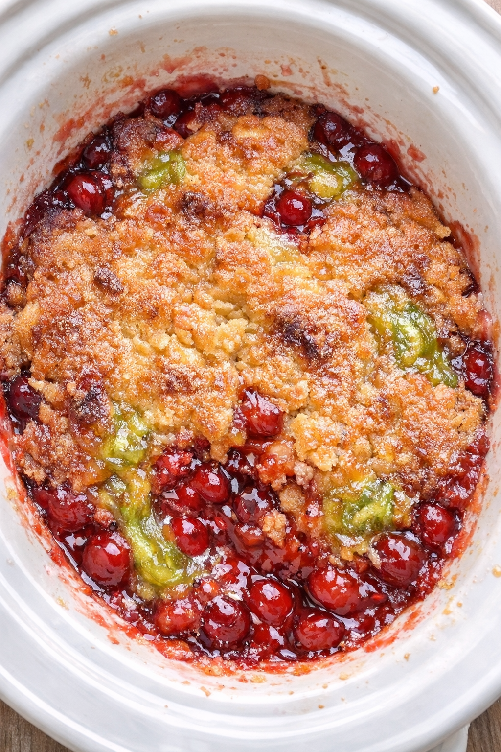 Slow cooker cherry limeade dump cake in a white slow cooker