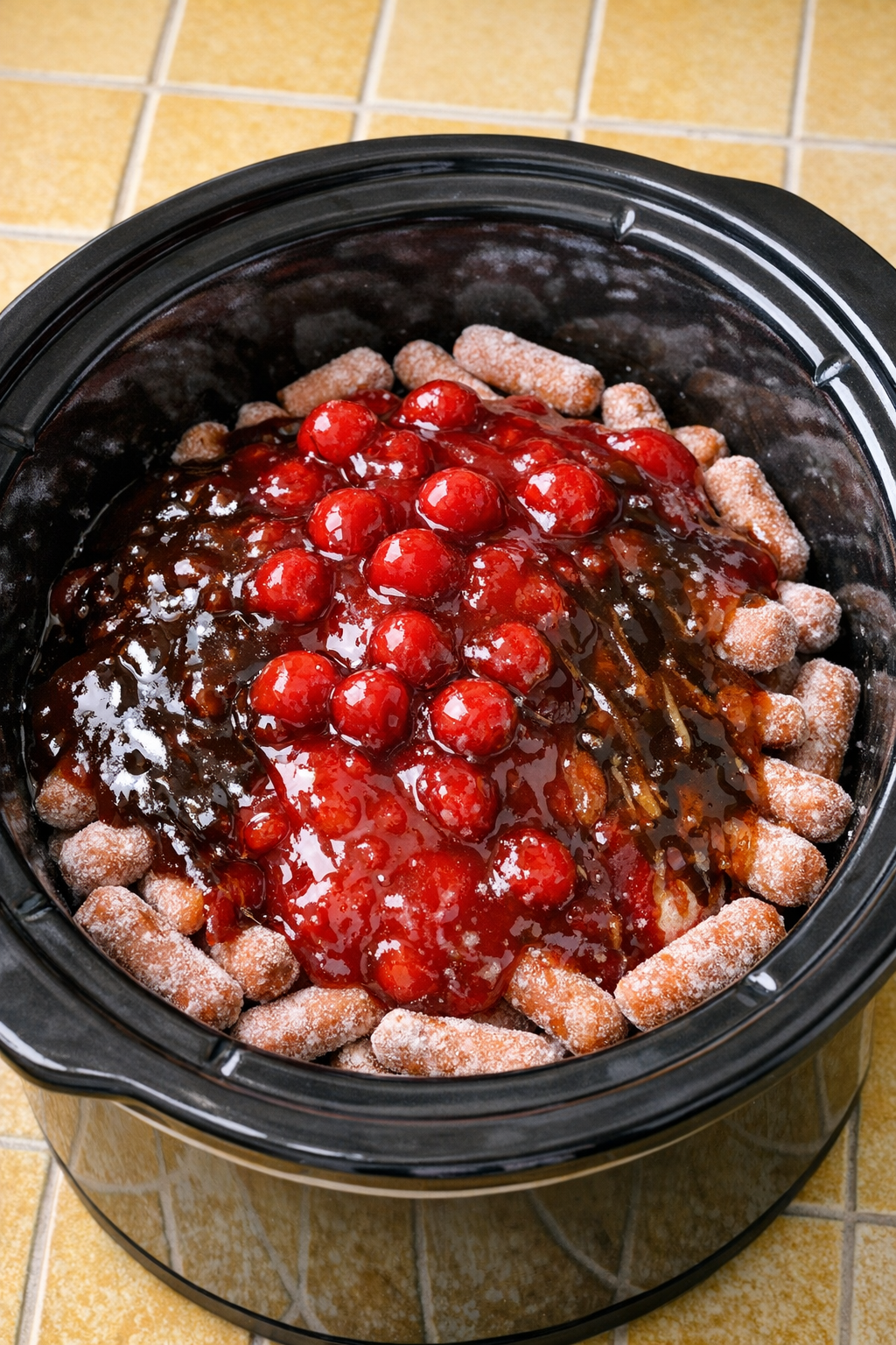 Sauces poured over cocktail wieners in the slow cooker