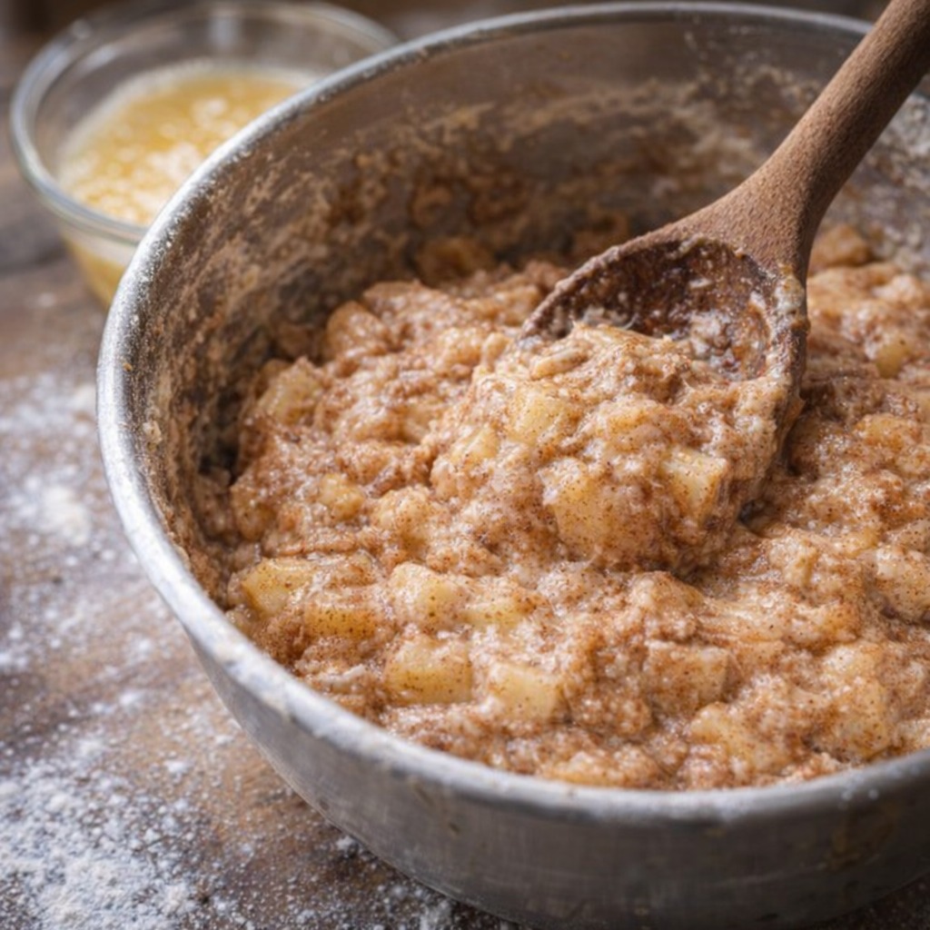 Batter being mixed for baked apple fritters