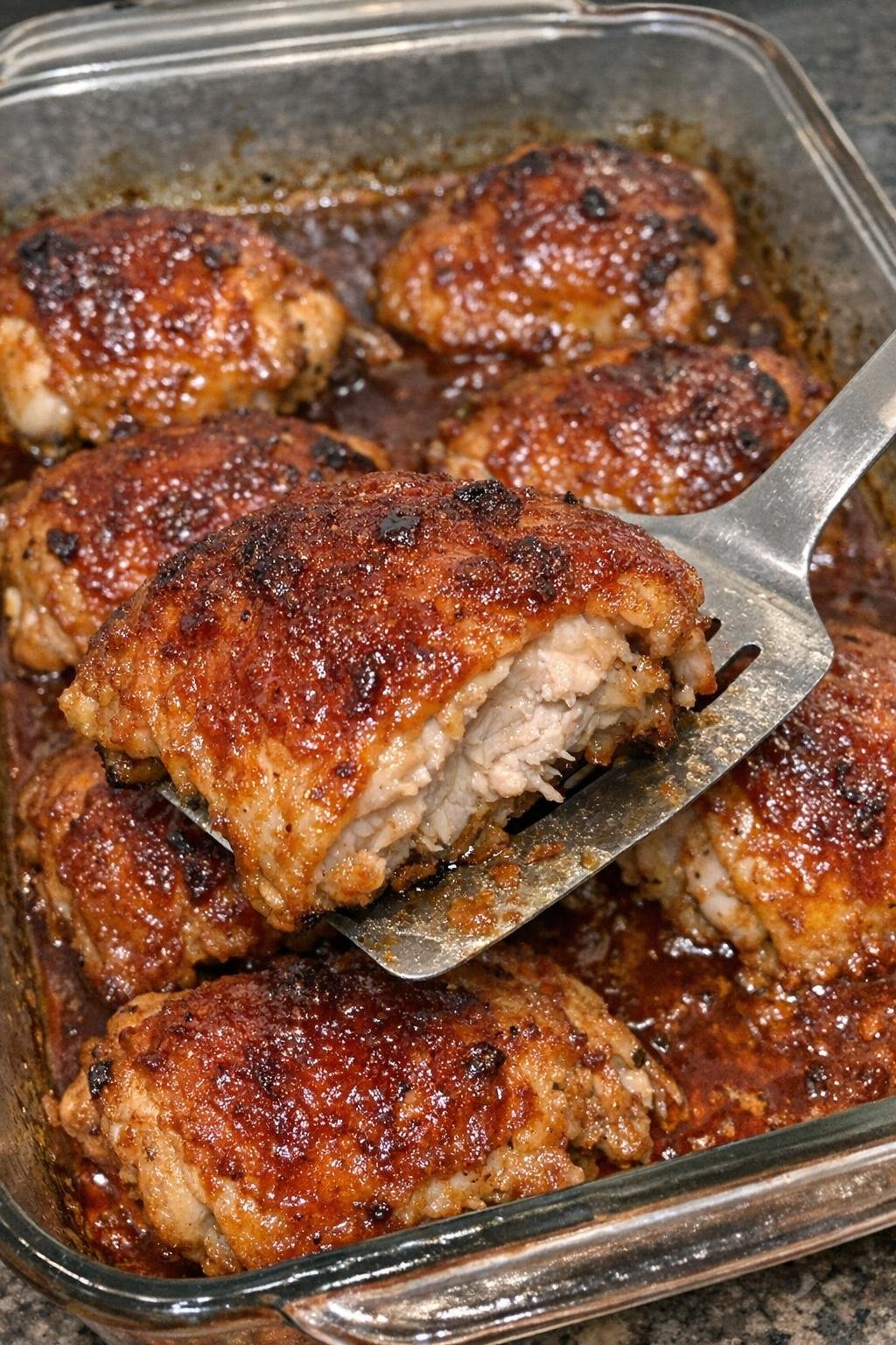 Crispy-skinned chicken pieces with spicy red glaze in a rectangular baking dish