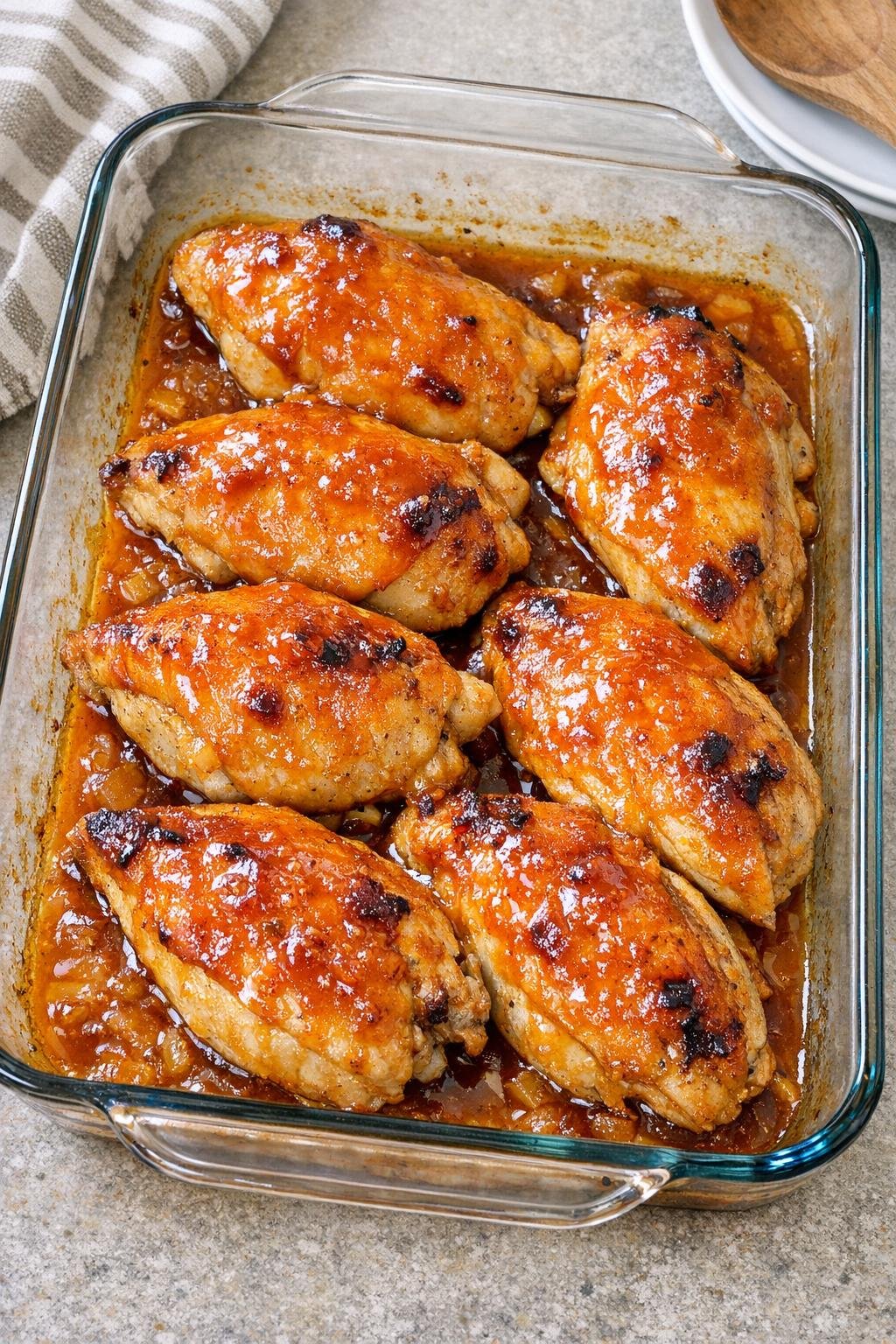 Finished baked split chicken breasts with glossy orange sauce