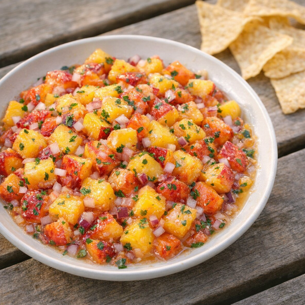 Bowl of fresh peach salsa on a picnic table