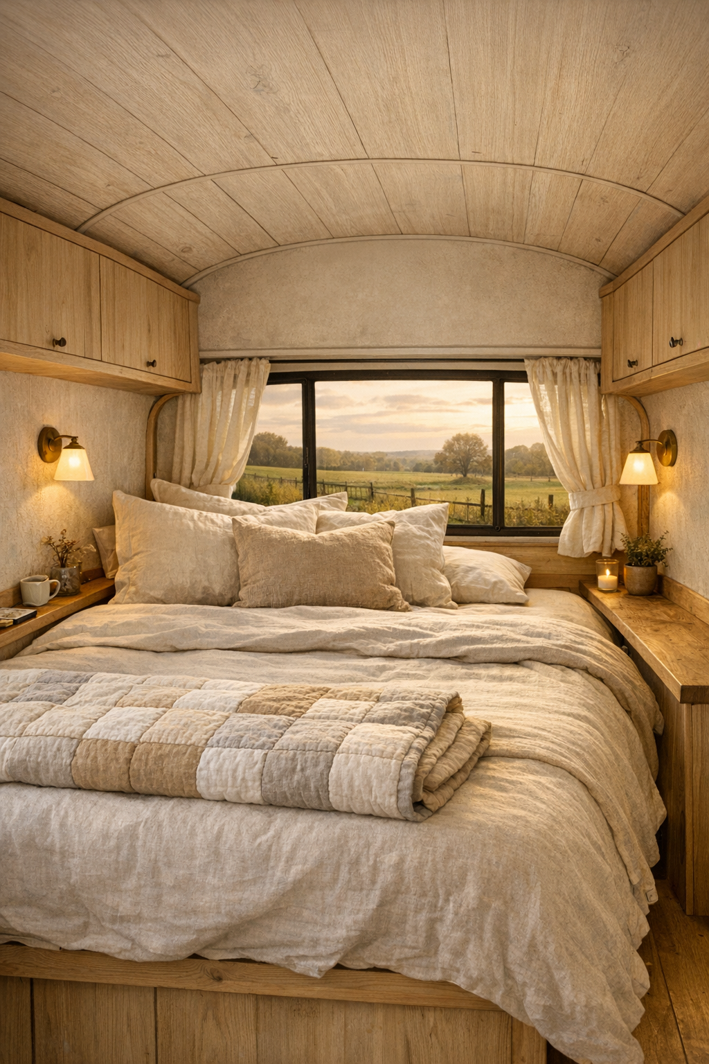 Peaceful converted bus bedroom with built-in bed and linen bedding