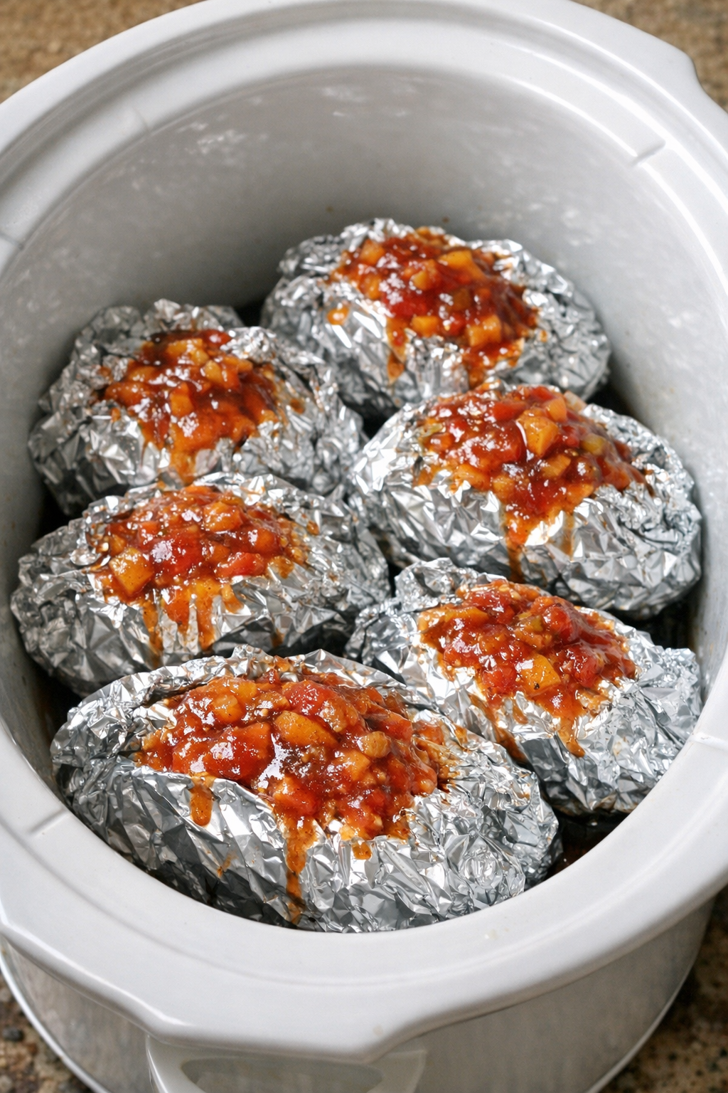 Slow cooker peach salsa chicken packets in foil