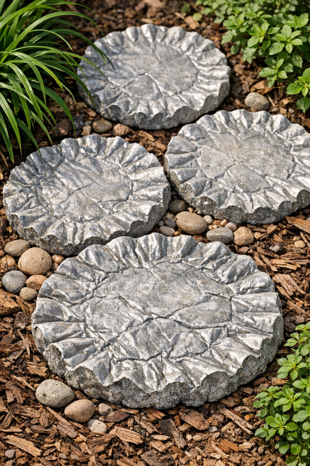 Finished fluted cement yard slabs displayed in a garden