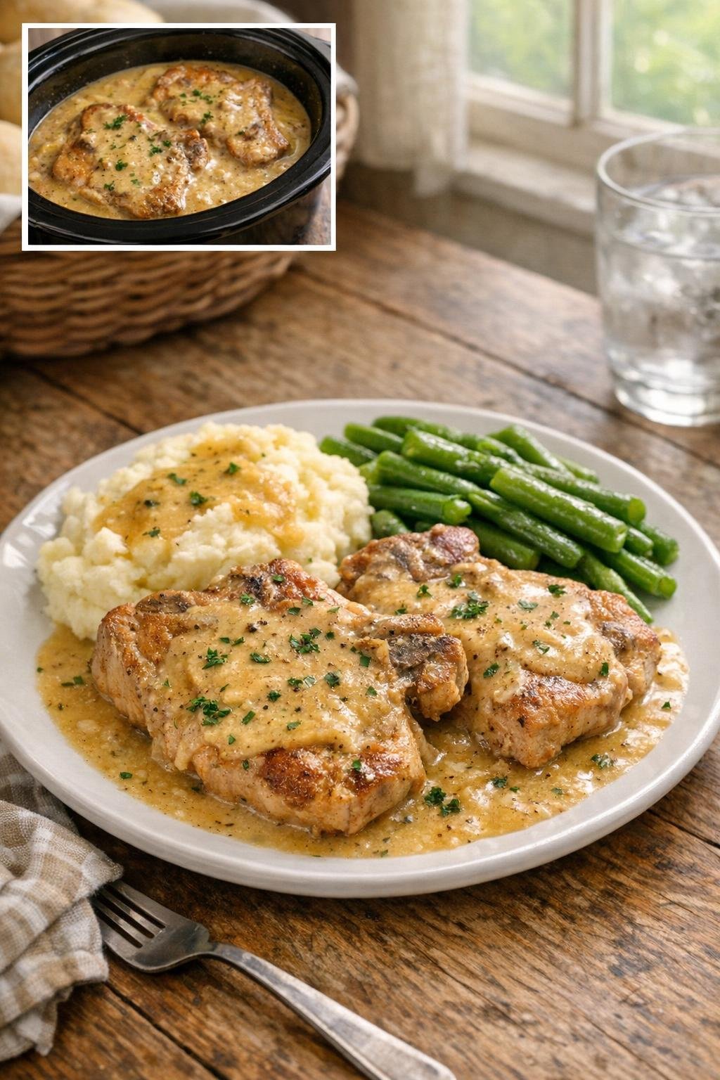 Finished smothered pork chops plated with creamy gravy