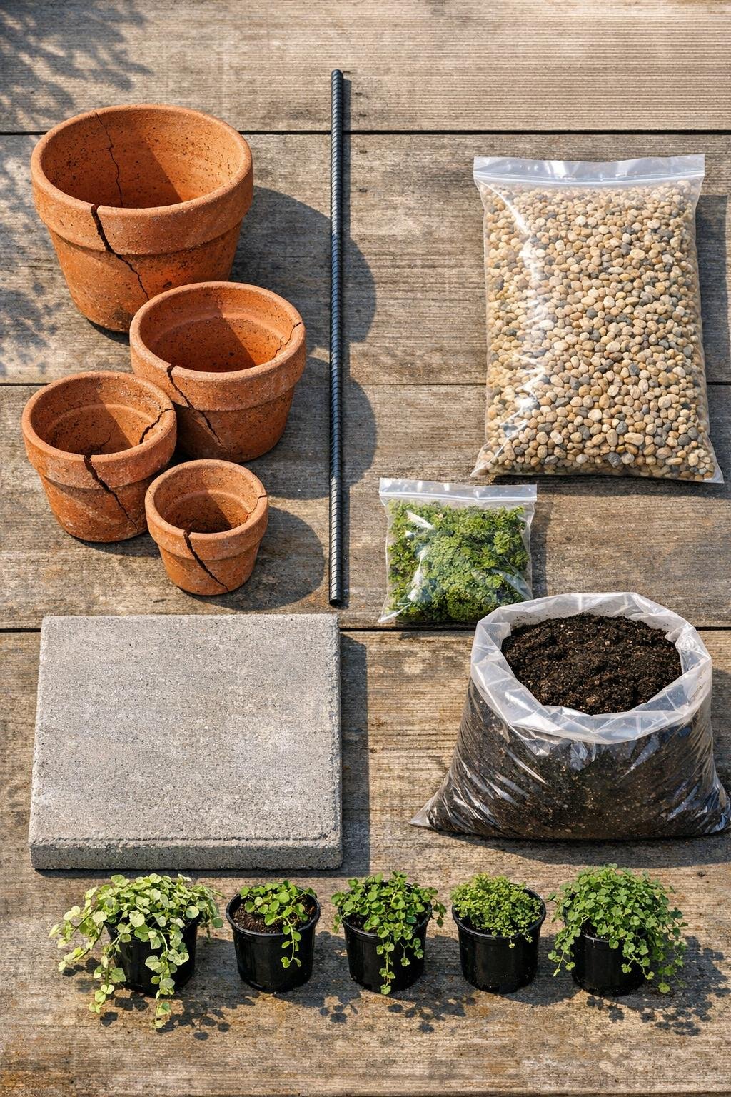Materials for a stacked garden totem made from cracked terracotta pots
