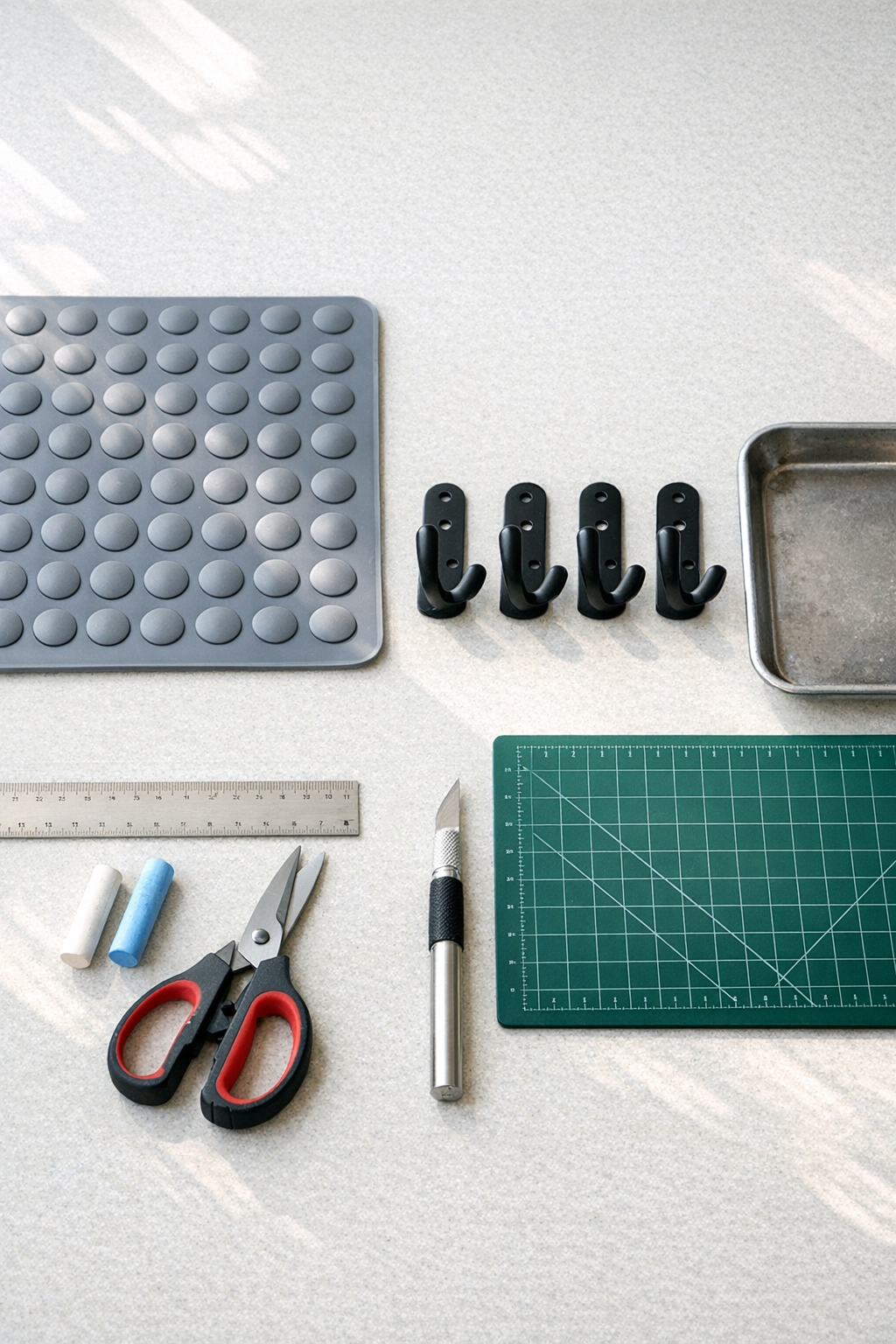 Materials for rubber bath mat wall hooks laid out on a table
