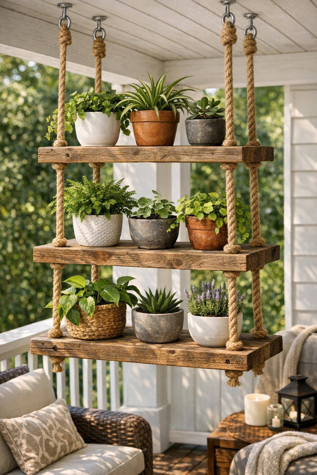 Finished floating cedar plant shelf hanging over a porch railing