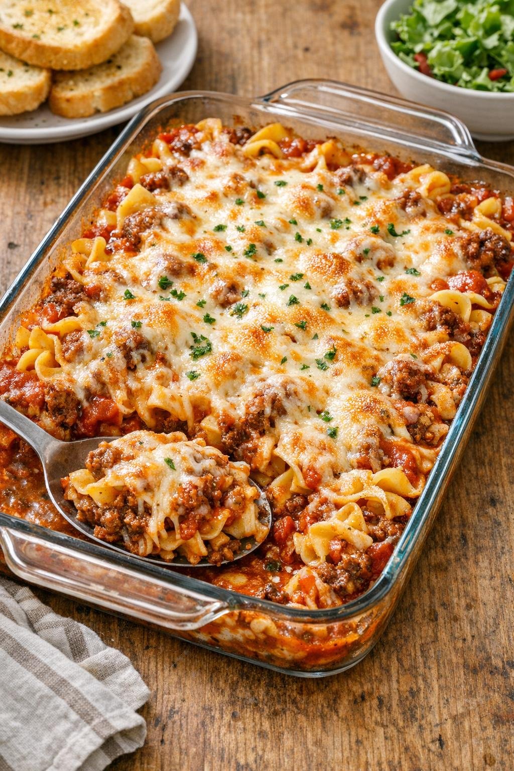 Finished ground beef noodle bake in a glass baking dish