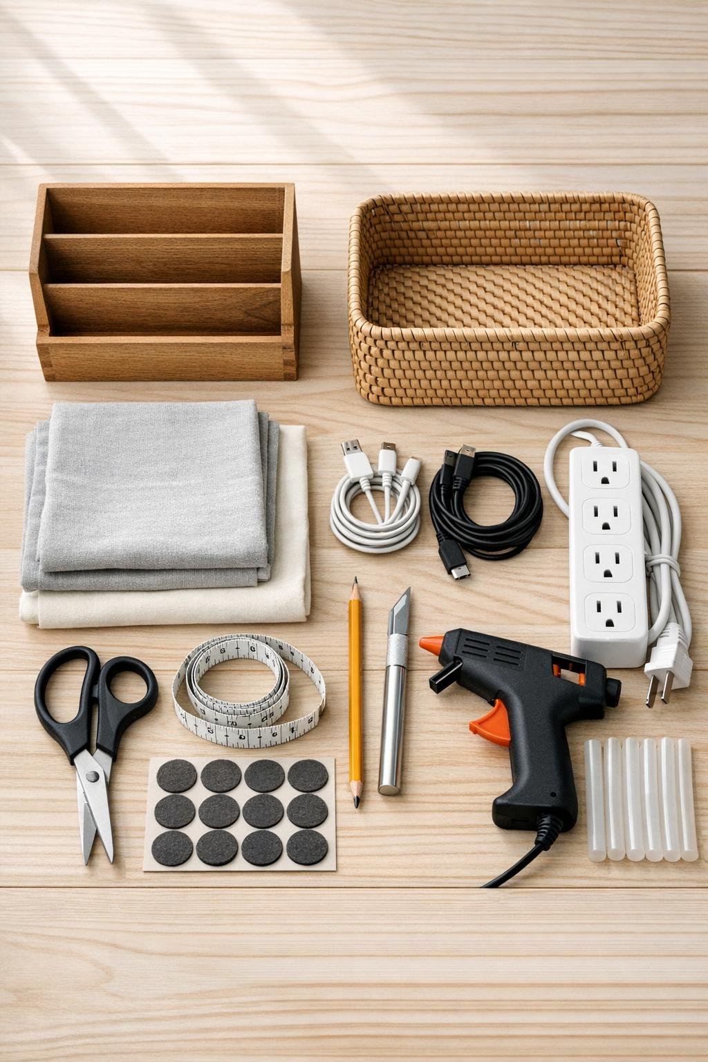 Materials for a DIY bedroom charging station laid out on a table