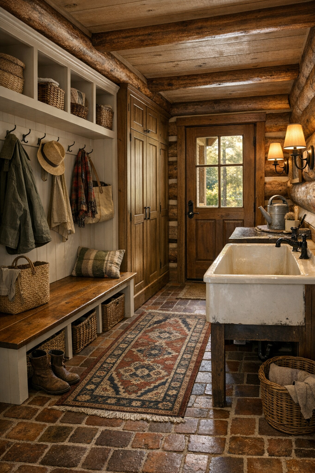 Charming mudroom and entry area with built-ins, bench, and traditional country details