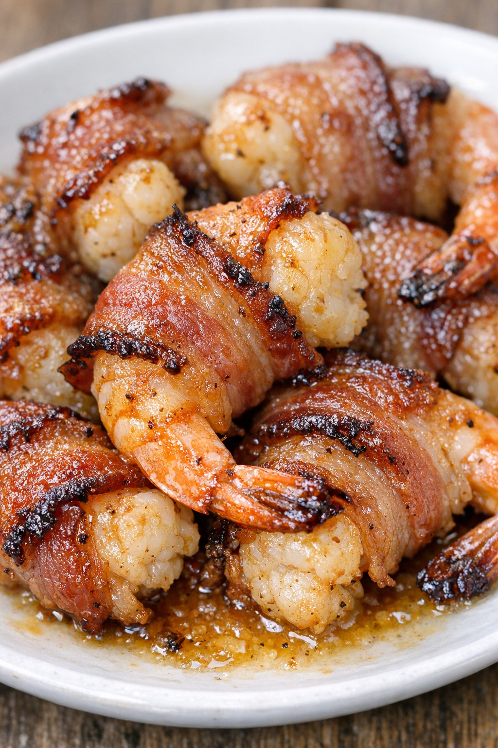Southern 3-ingredient bacon wrapped shrimp on a white ceramic plate