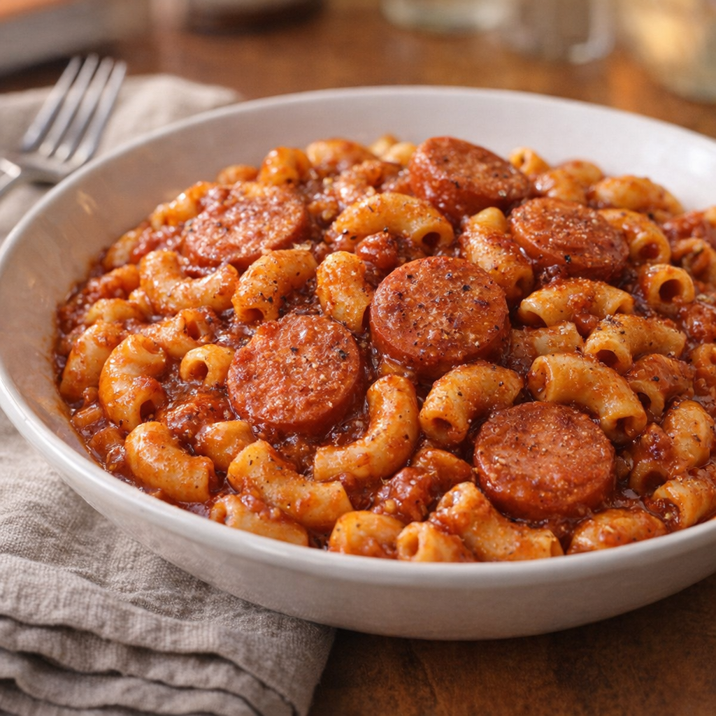 Cozy bowl of hot dog macaroni on a weeknight table