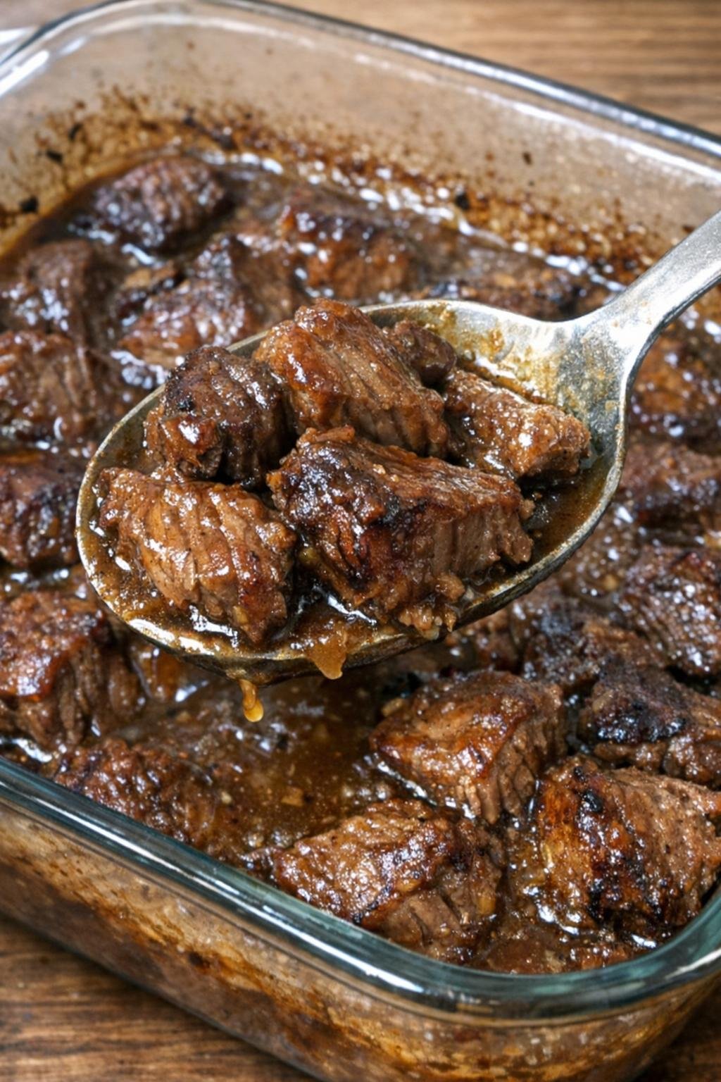 Tender beef chunks in brown gravy in a glass baking dish
