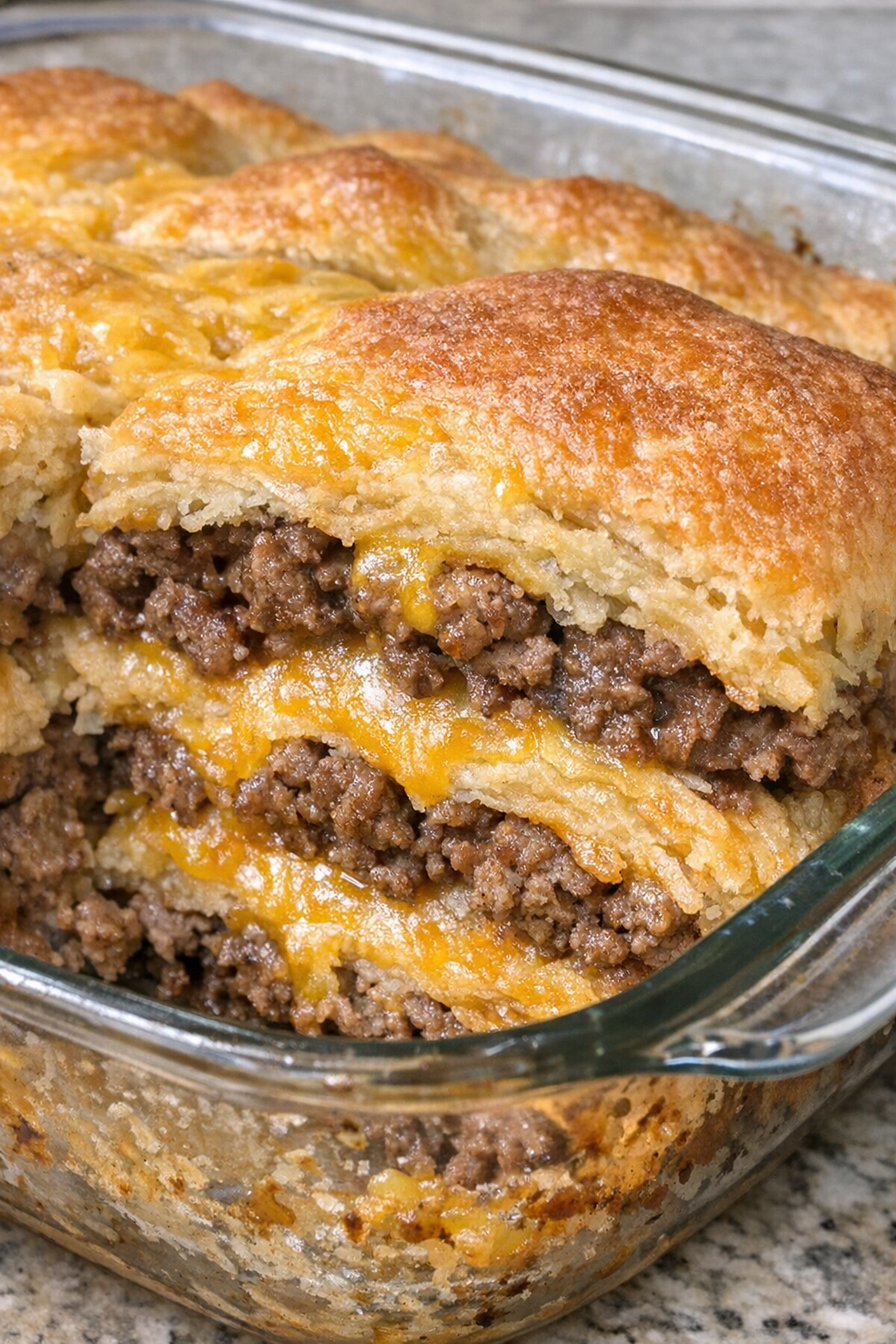 Baked beef crescent stack with golden layers and melted cheddar