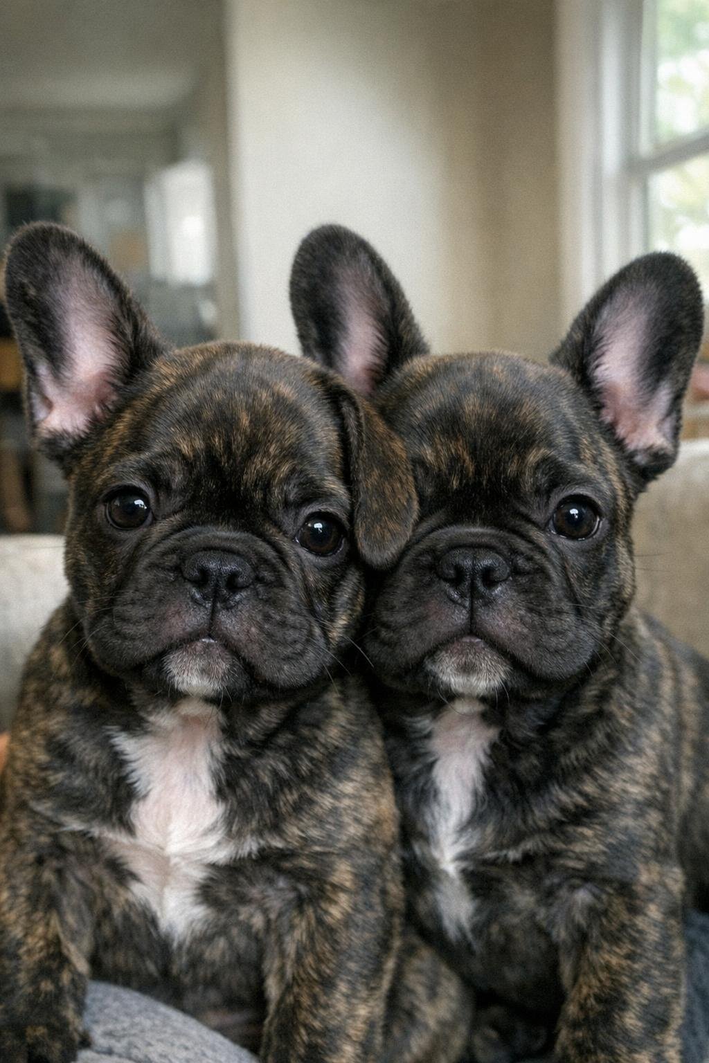 Brindle French Bulldog puppy with one upright ear and one floppy ear beside littermate with two upright ears