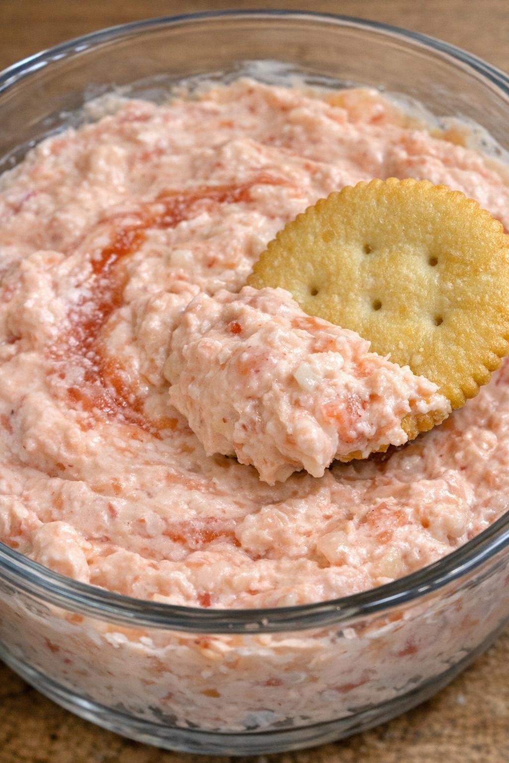Shrimp Wainwright dip in a glass bowl with a cracker scooping through it