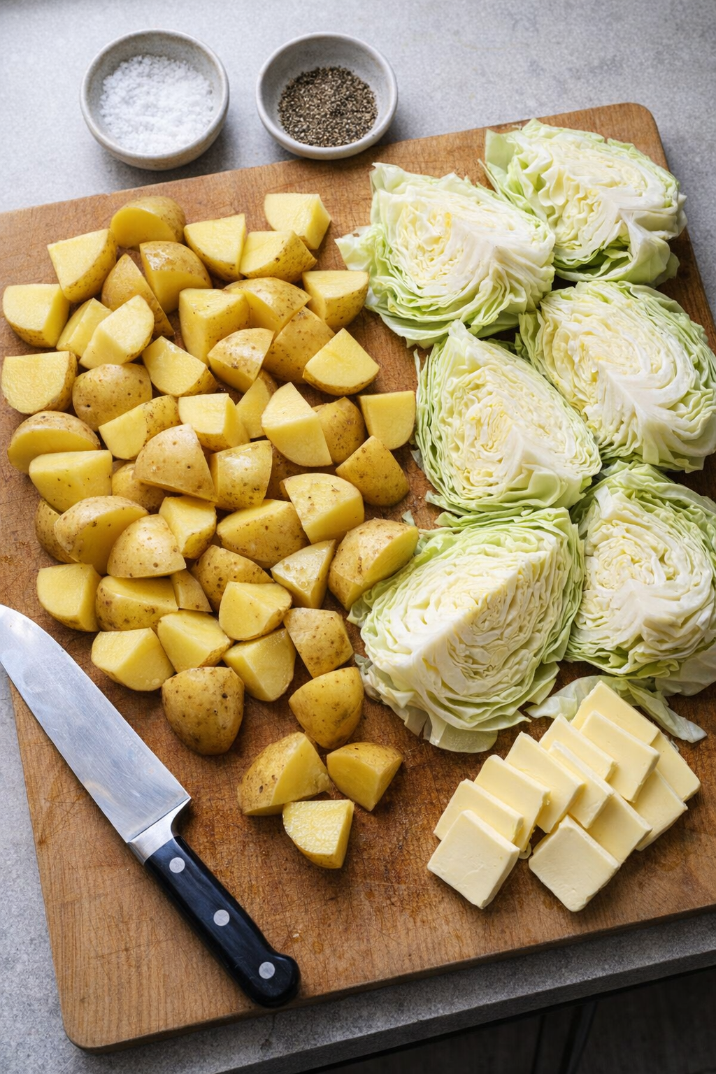 Aardappelen, kool en boter, voorbereid voor het recept.