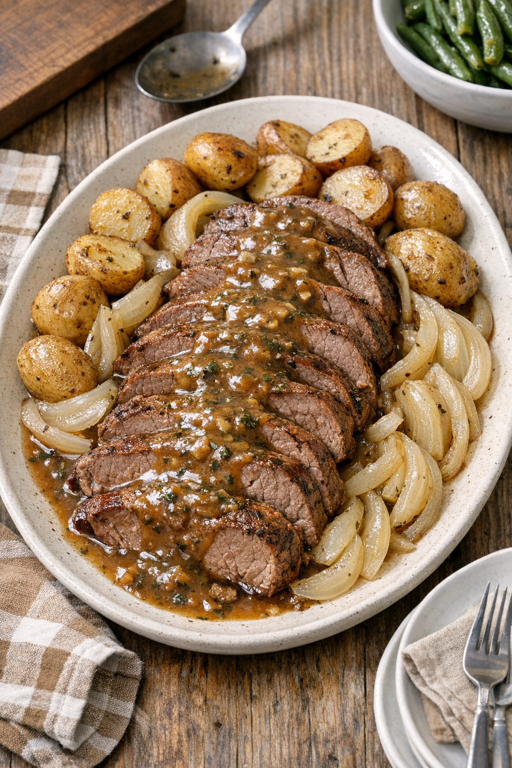 Finished beef sirloin petite roast sliced and covered with herb gravy on a platter