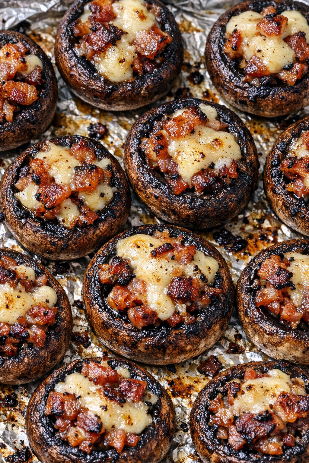 Bacon mushroom bakes on a foil-lined tray