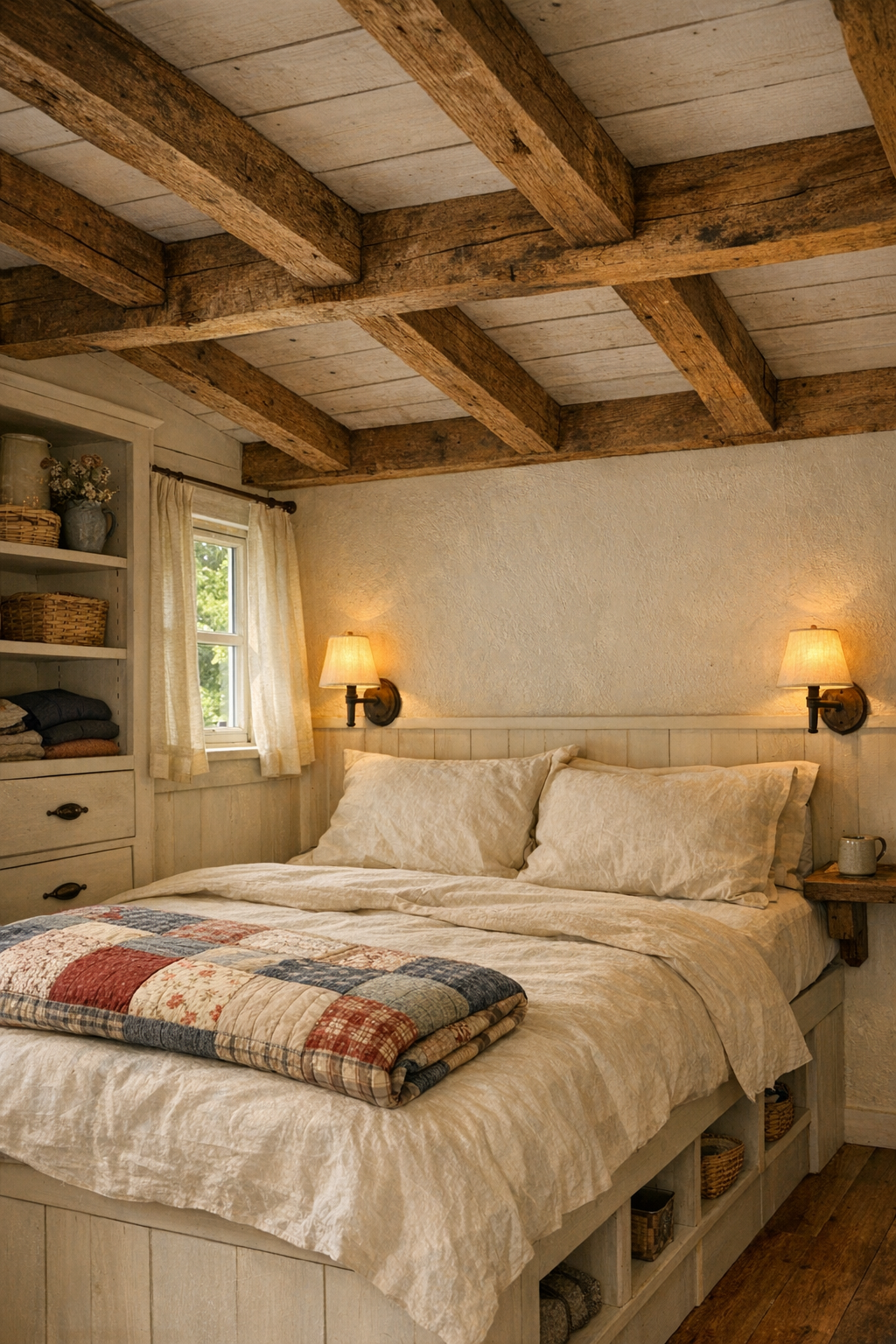 Peaceful tiny home bedroom with linen bedding, timber framing, and soft natural light