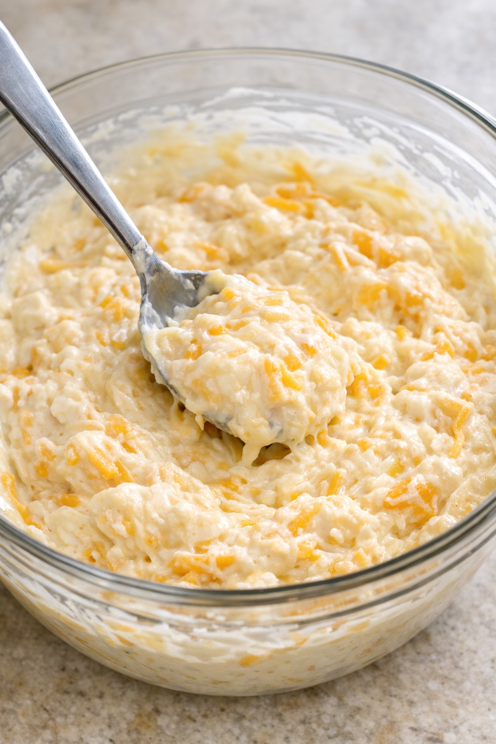 Creamy cheese mixture in a mixing bowl